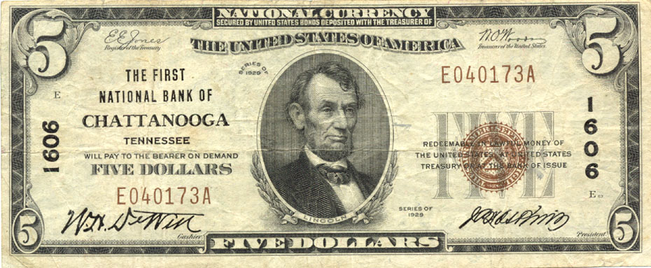 $5 1st NB Chattanooga Ch1606 1929 T-1